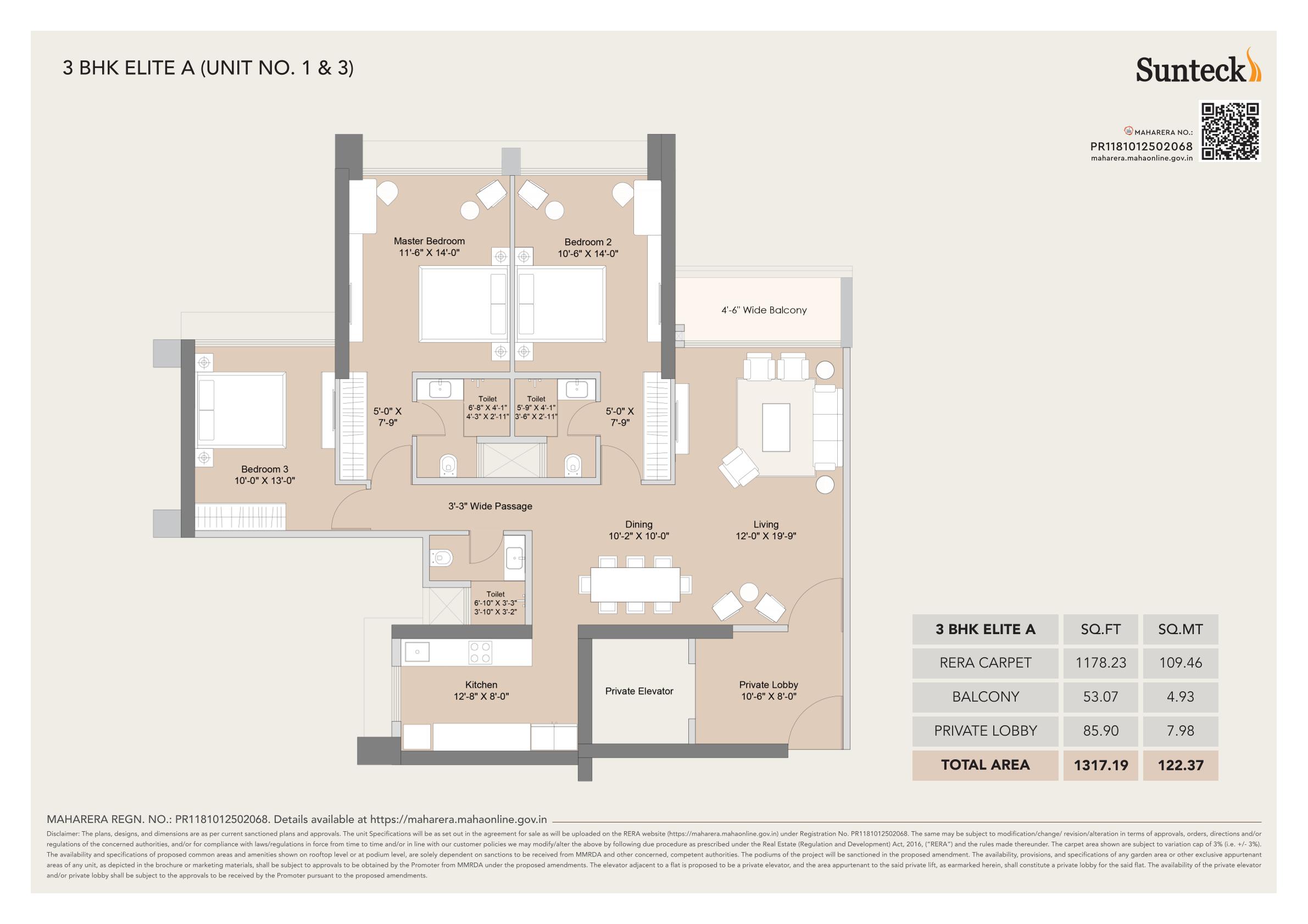 3 BHK Floor Plan - 1317 sq ft